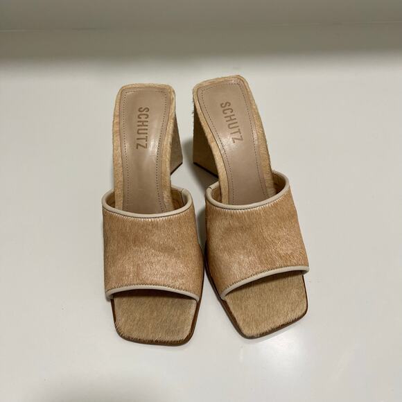 Schutz Lizah Wild Welt Mohair Heels Chunky Block Heel Tan Leather Size 8 - Picture 2 of 9